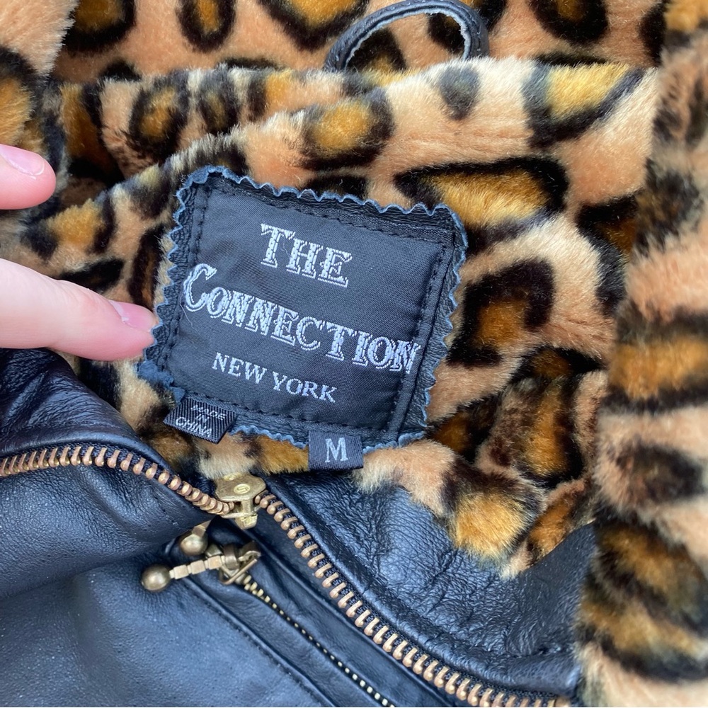 Leopard Trim Black Leather Jacket - image 7